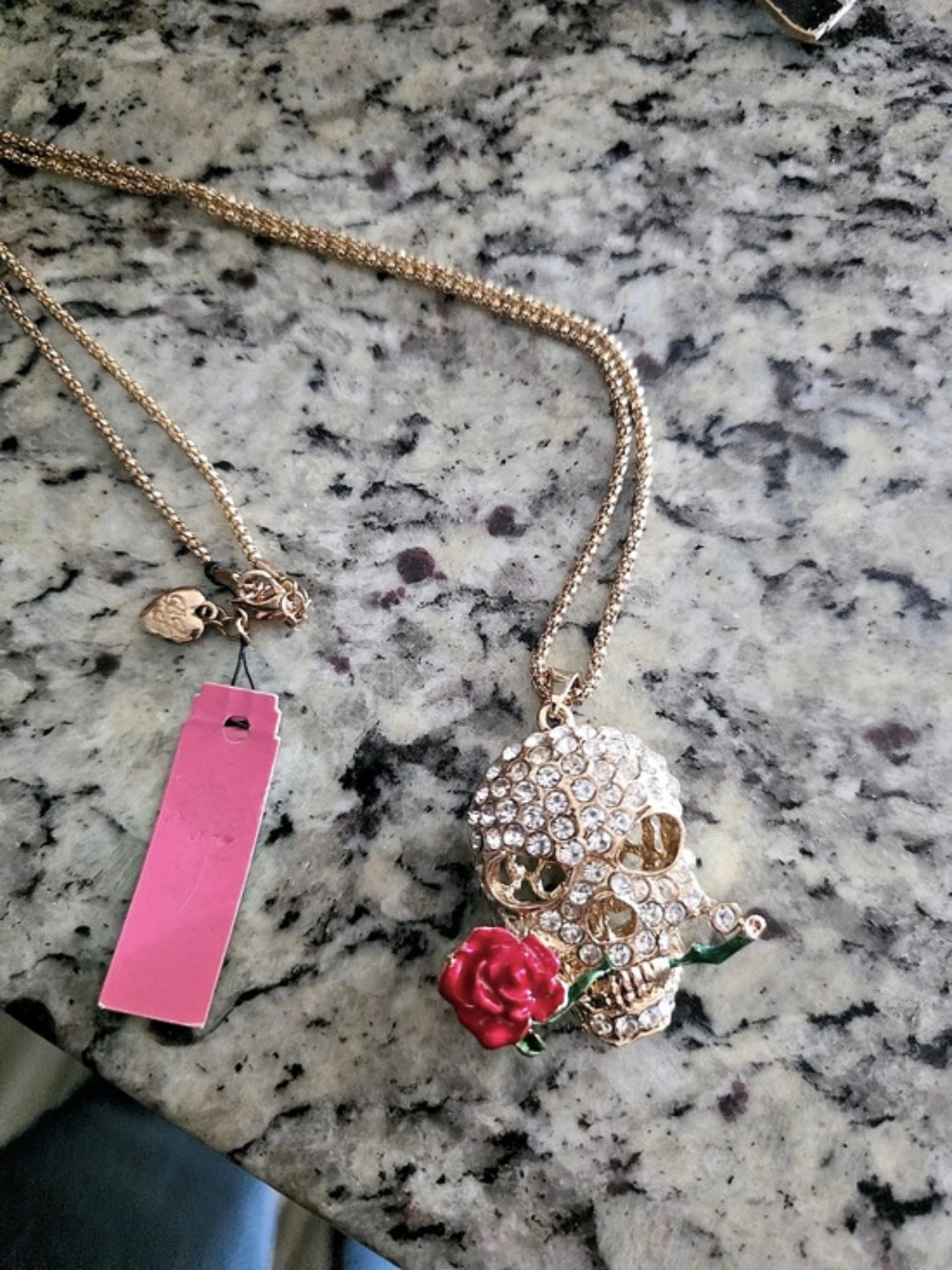 BETSEY JOHNSON Crystal Skull Red Rose Necklace NWT Retired Gothic